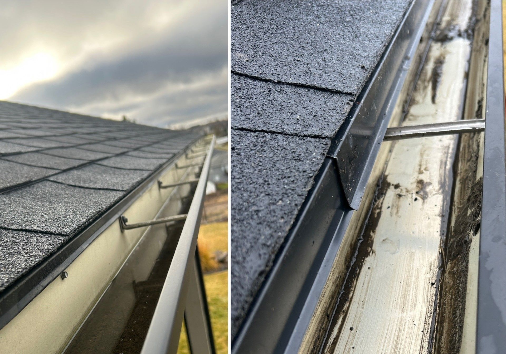 Split-view showing shingles and a metal gutter supported by metal brackets, with debris inside the gutter.