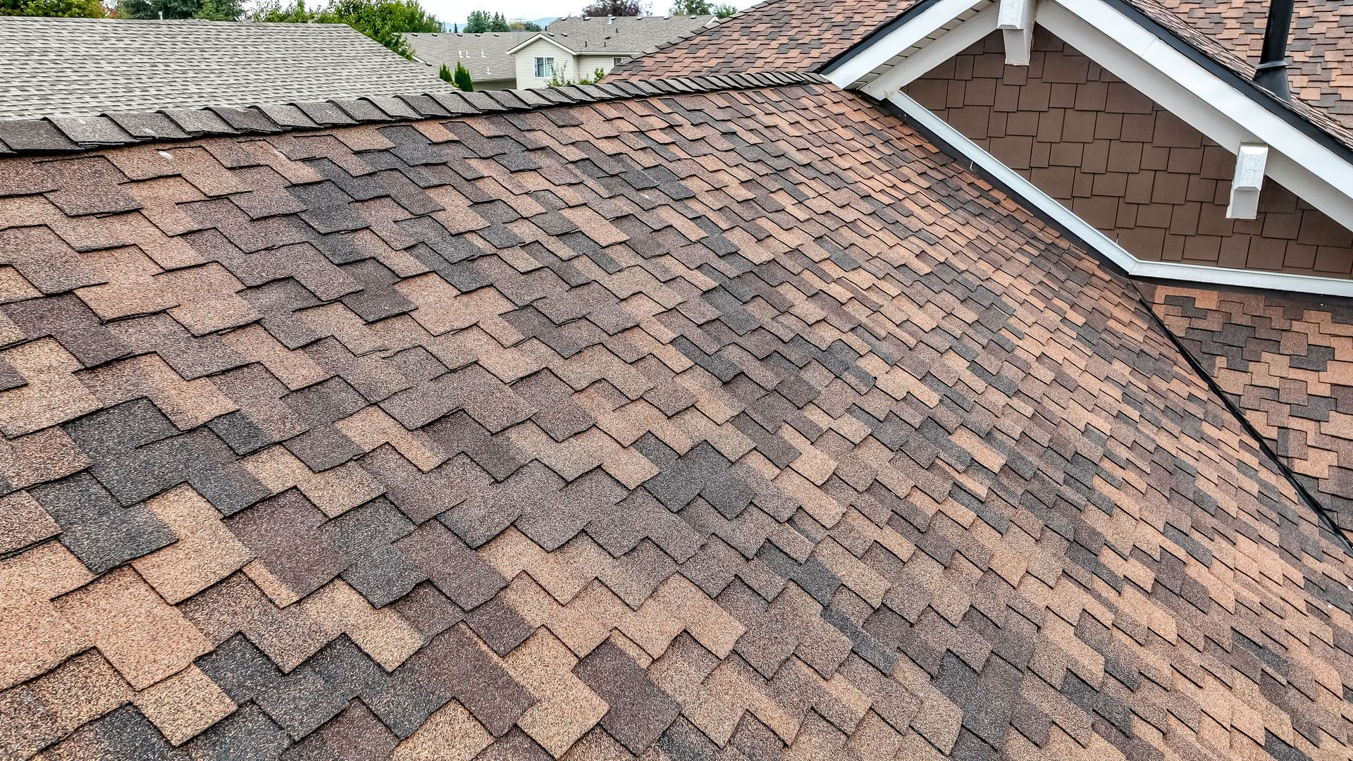 Close-up view of an asphalt shingle roof featuring a textured, variegated pattern in shades of brown, tan, and charcoal.