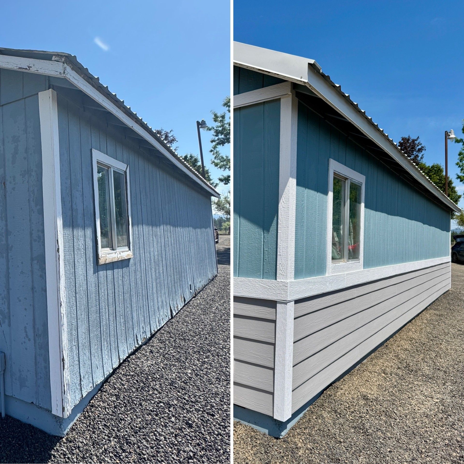 A side-by-side comparison of a building exterior before and after renovation, showing new blue siding and gray accents.