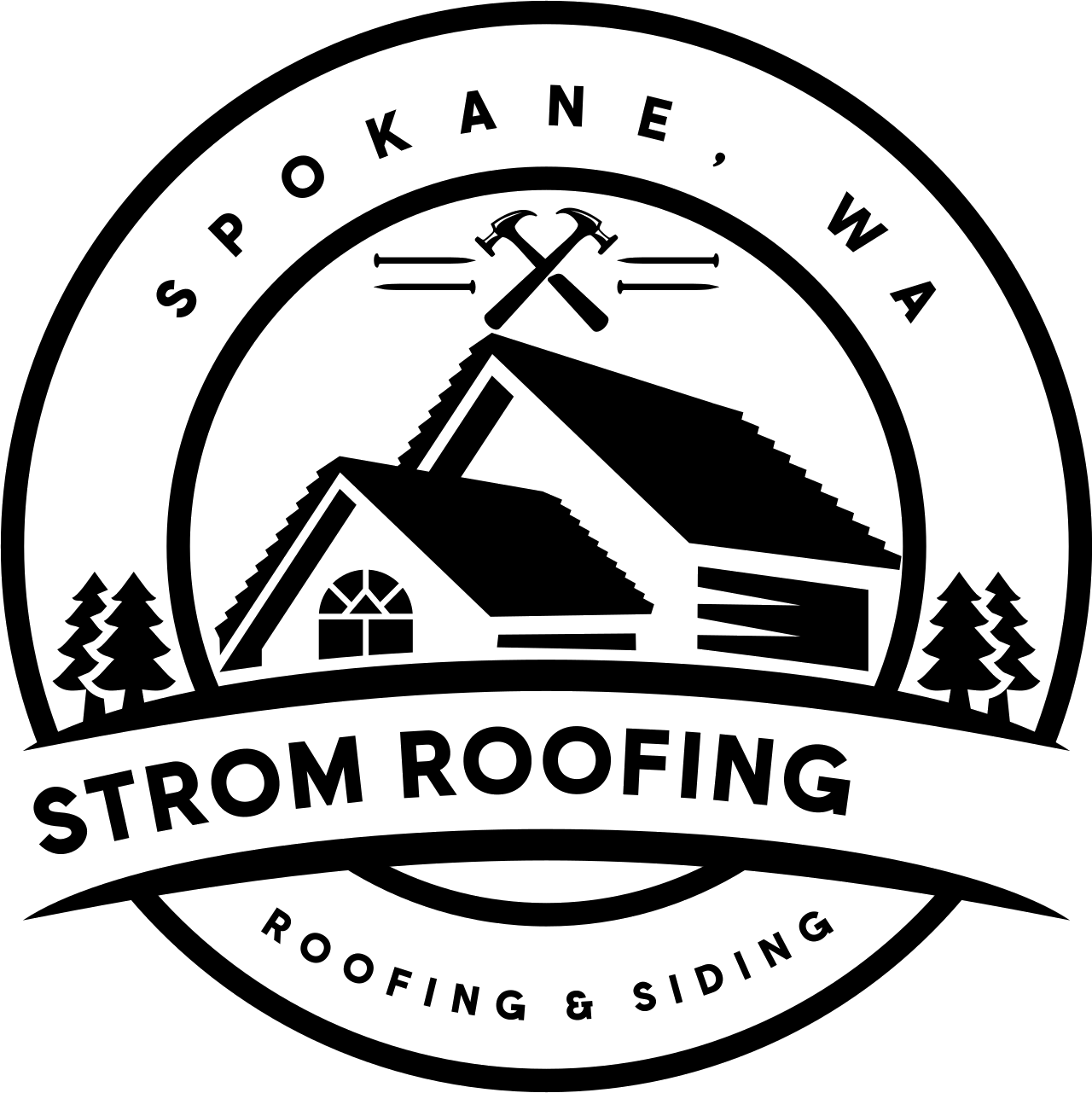 Circular logo for Strom Roofing, Spokane, WA. Includes a house illustration, crossed hammers, and pine tree silhouettes.