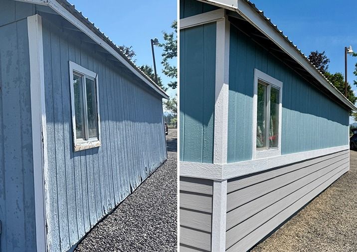 Before and after comparison of building exterior renovation showing a blue wall updated with blue and grey siding.