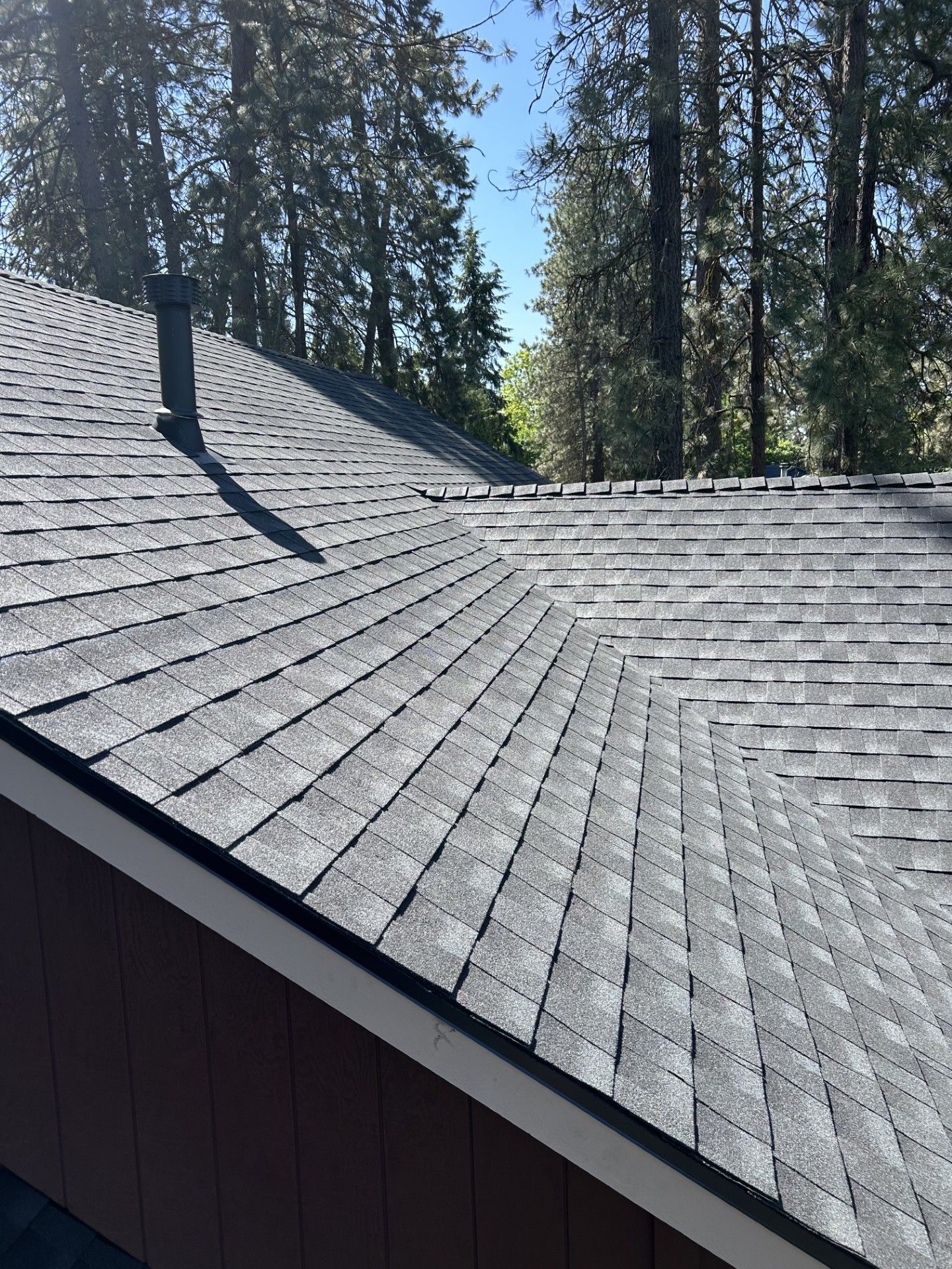A view of a grey shingled roof with a chimney pipe, set against a backdrop of tall green trees and a clear blue sky.