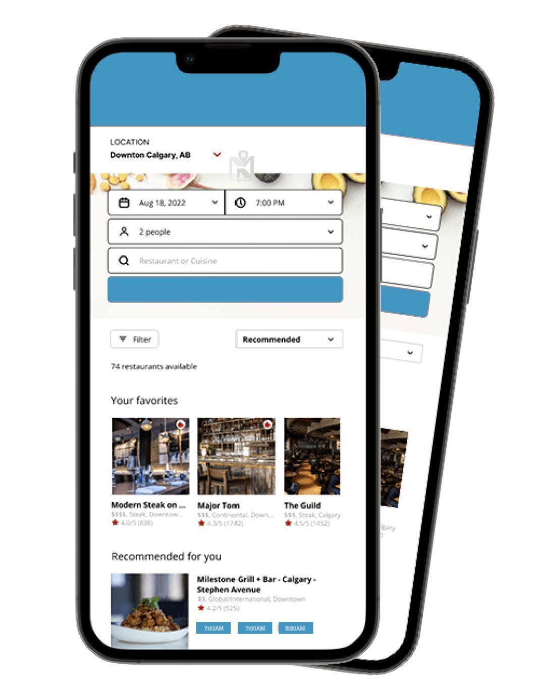 Two smartphones displaying a restaurant search app. White background, blue accents, and food photos.