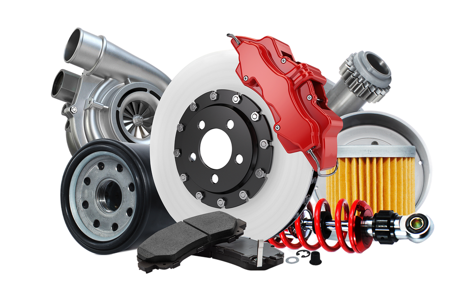 A bunch of car parts are sitting on top of each other on a white background.