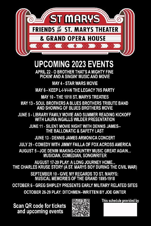 A poster for upcoming events at st. mary 's theater and grand opera house.