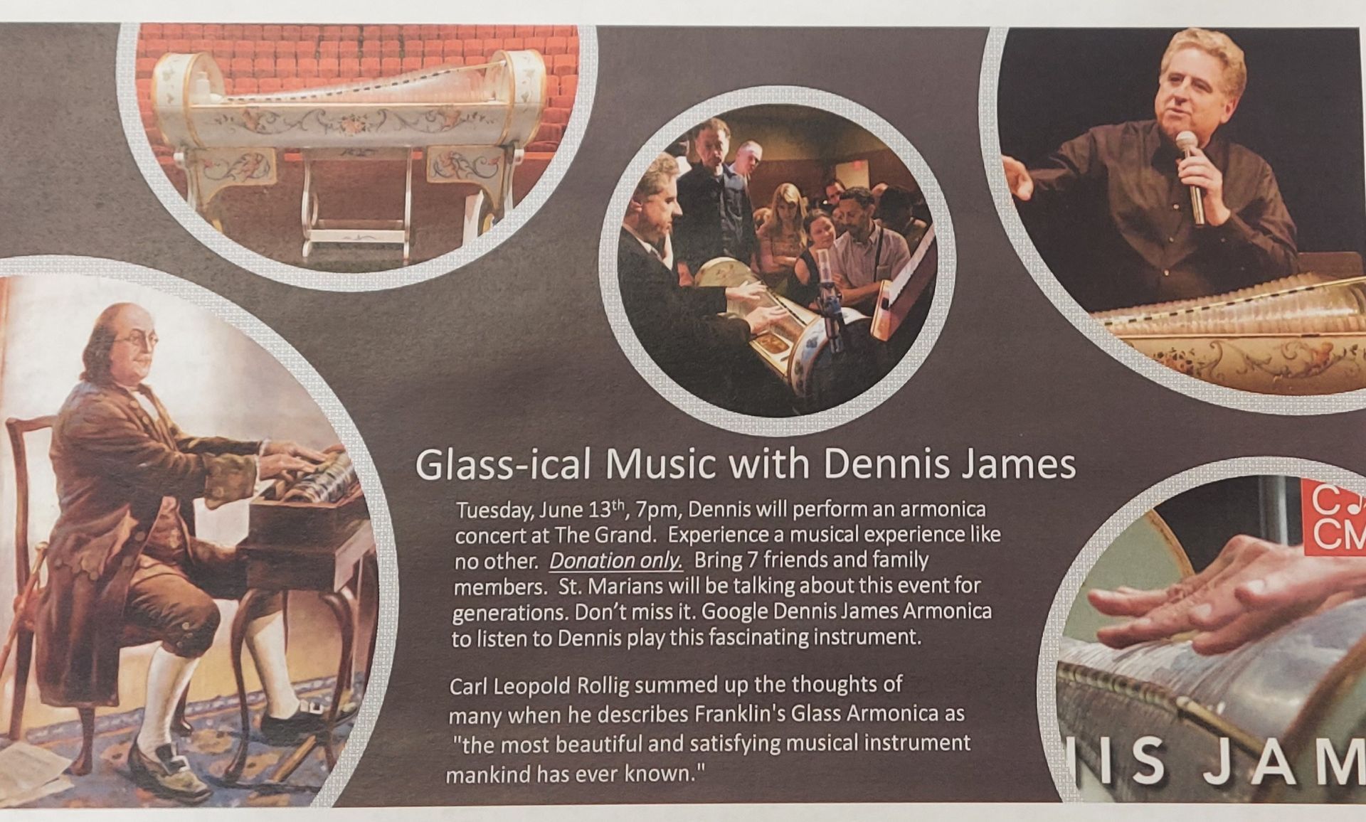 An advertisement for glass-ice music with dennis james