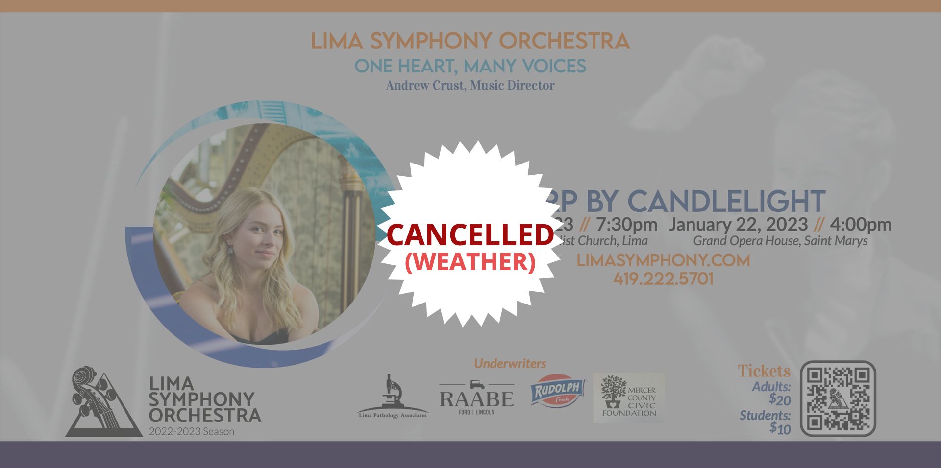 A poster for a concert that has been cancelled due to weather.