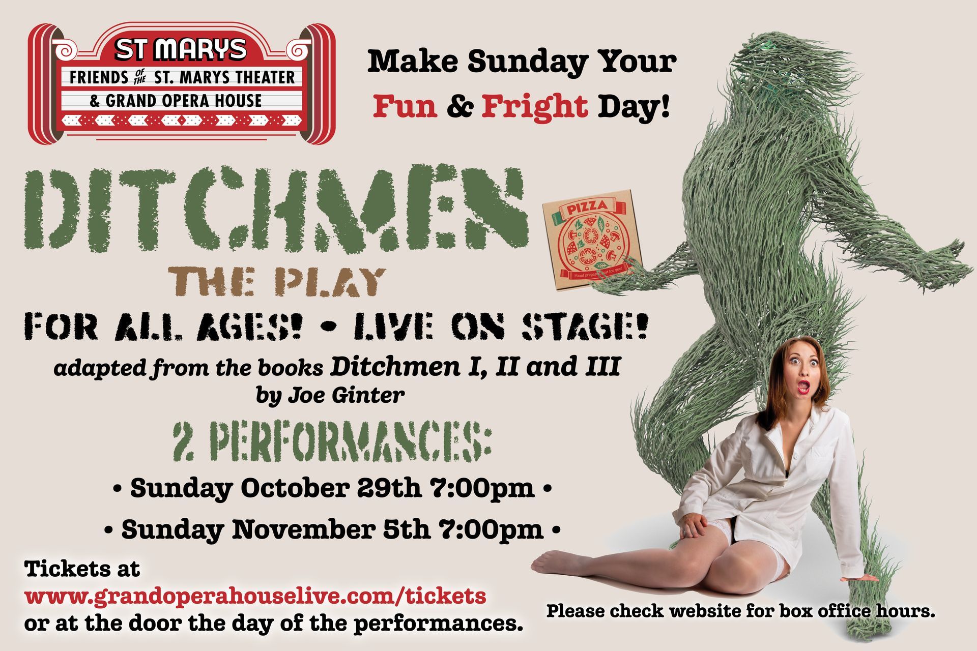 An advertisement for ditchmen the play for all ages