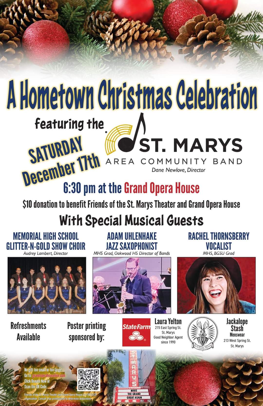 A poster for a hometown christmas celebration featuring the st. mary 's area community band.