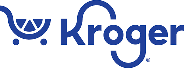 The kroger logo is blue and white with a shopping cart.