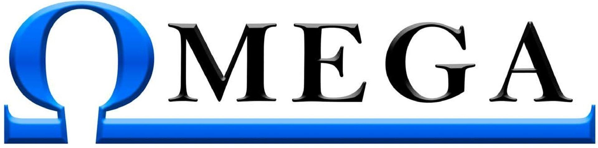 A blue and white logo for omega on a white background