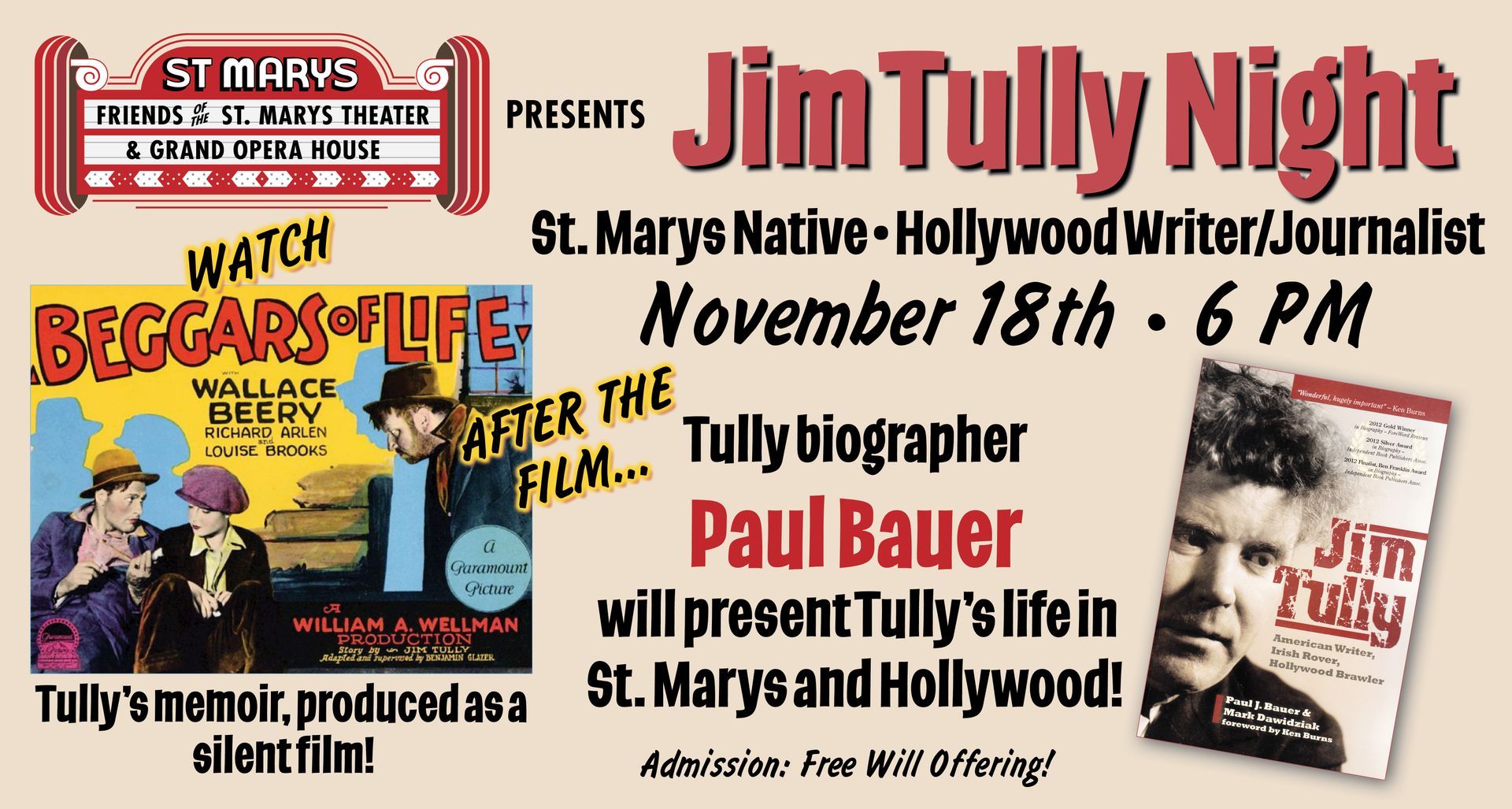 A poster for jim tully night at st mary 's theatre