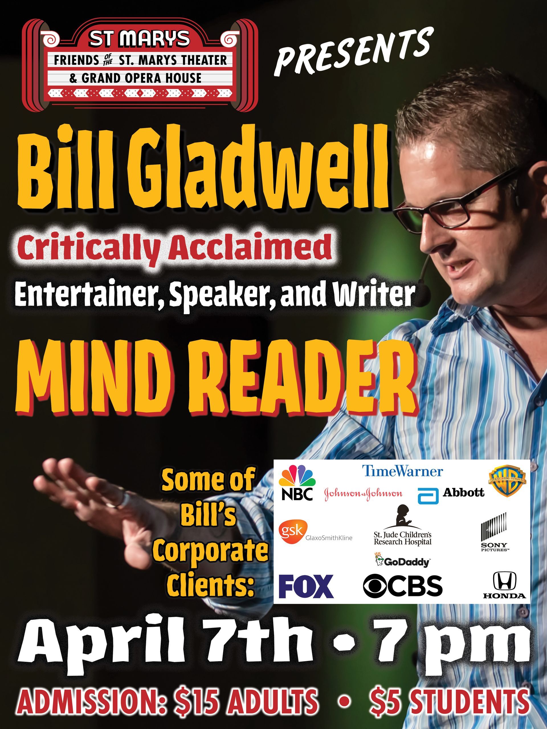 A poster for bill gladwell 's mind reader on april 7th