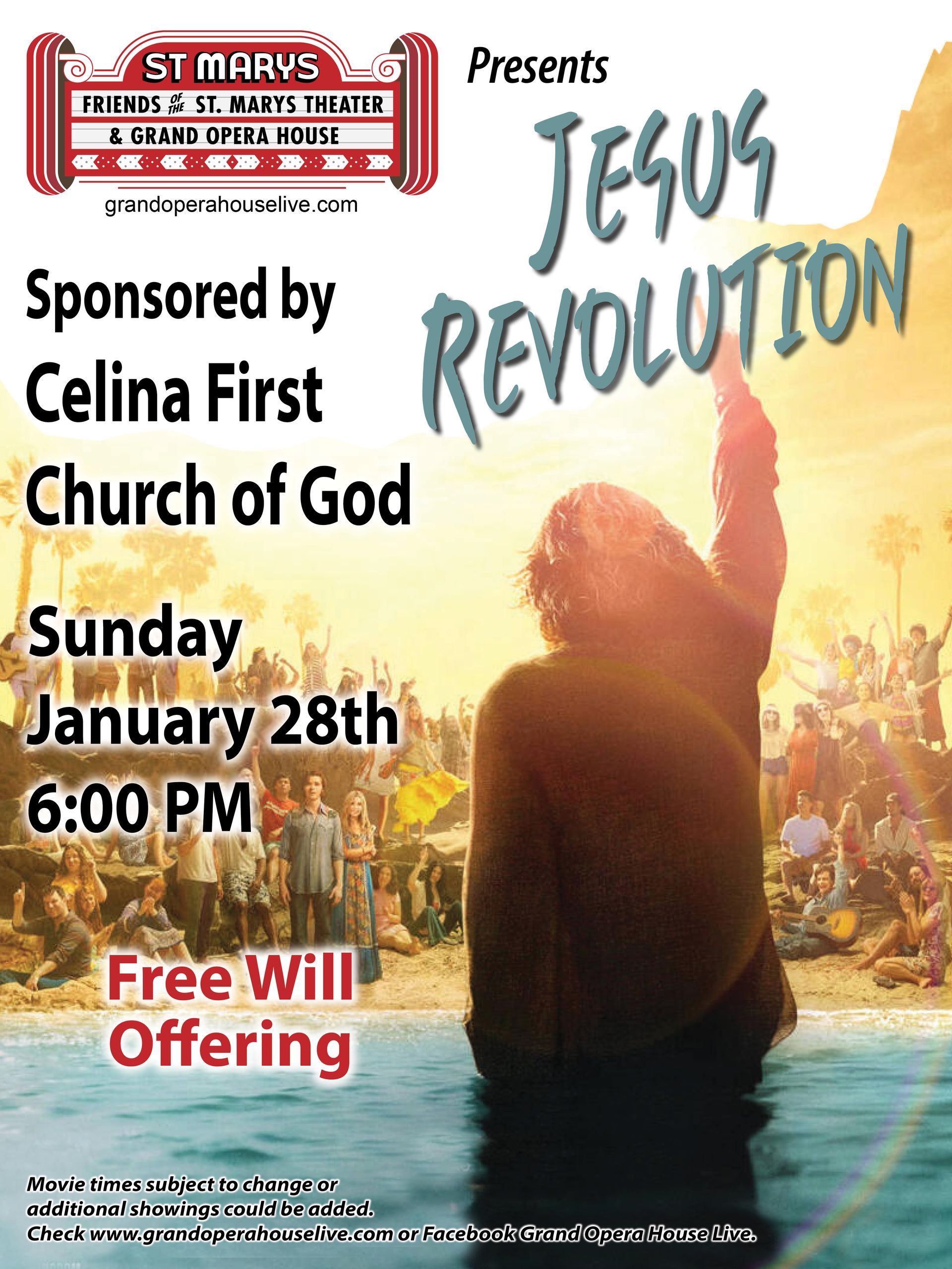 A poster for jesus revolution sponsored by celina first church of god