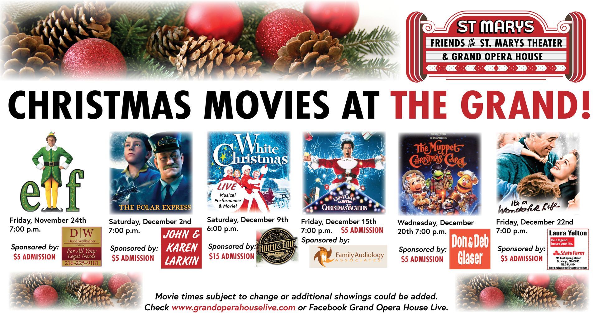 A poster advertising christmas movies at the grand
