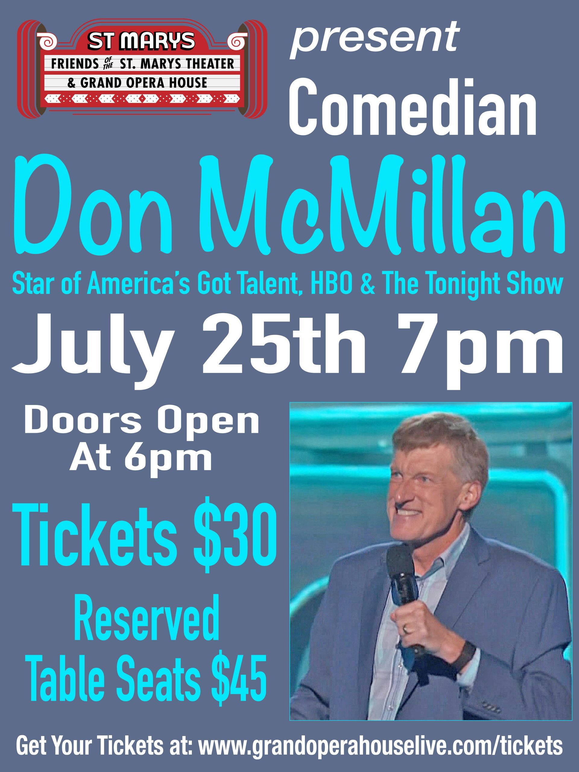 A poster for don mcmillan on july 25th at 7pm