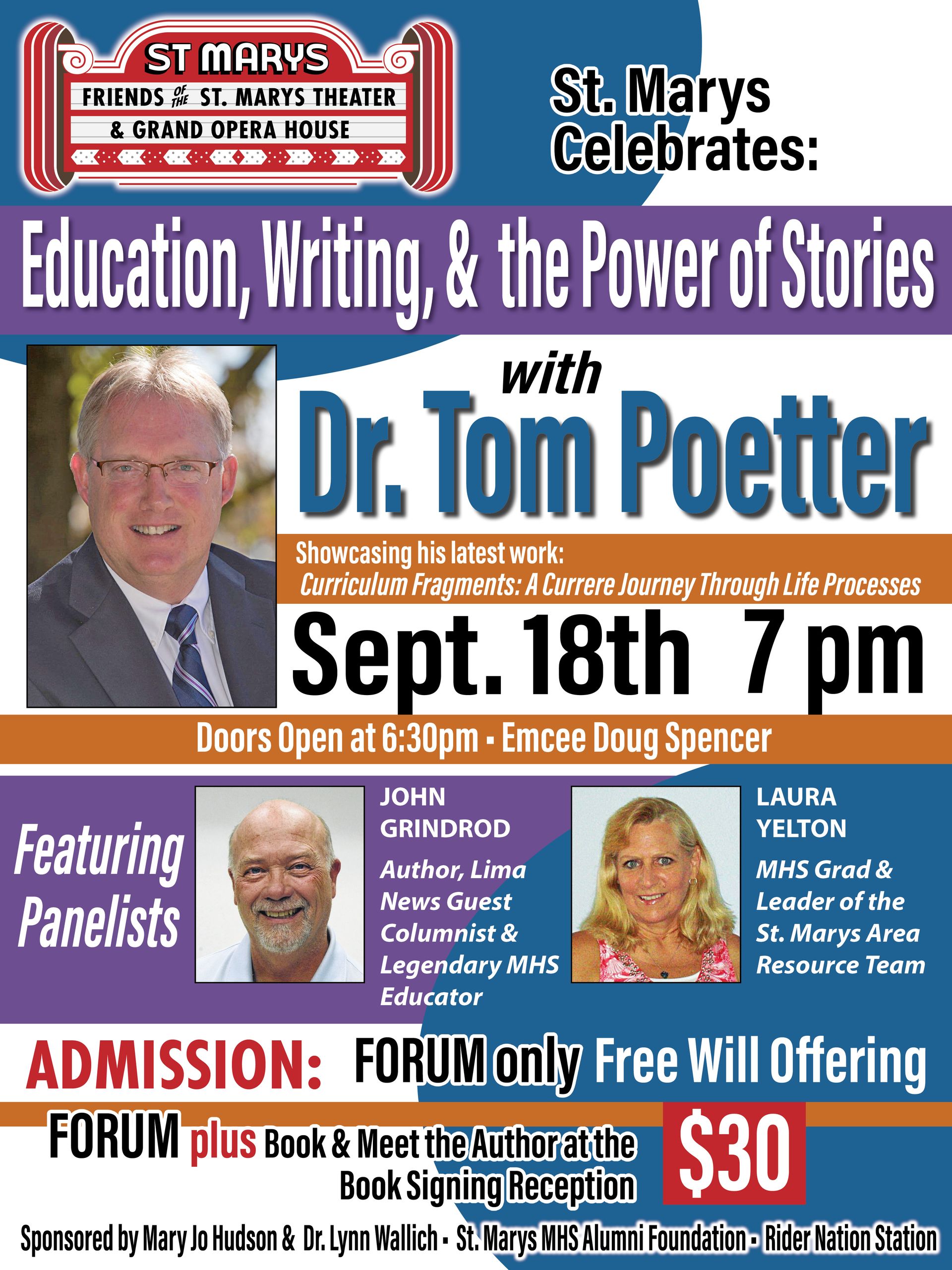 A poster for a lecture on education , writing , and the power of stories
