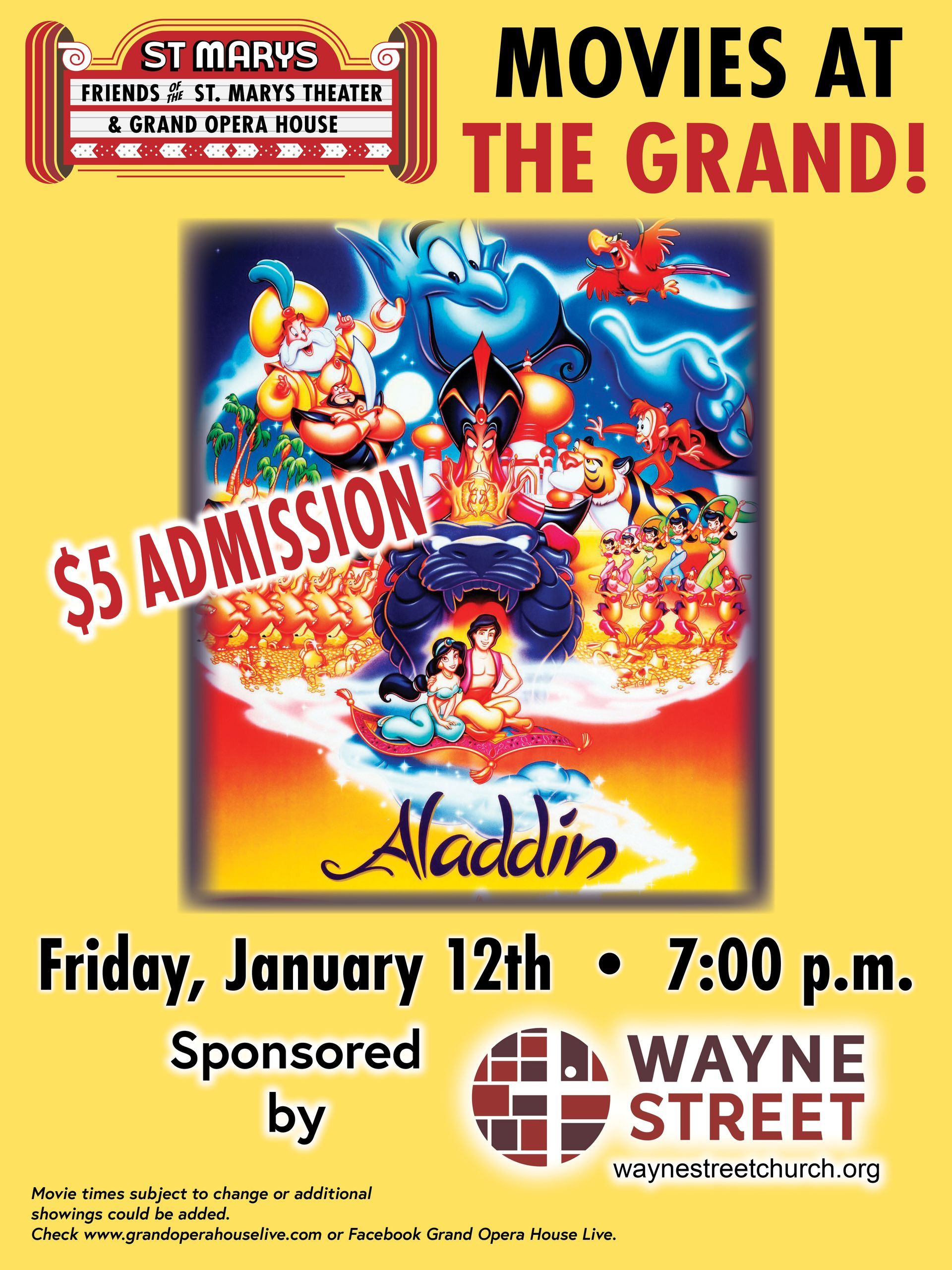 A poster for movies at the grand sponsored by wayne street