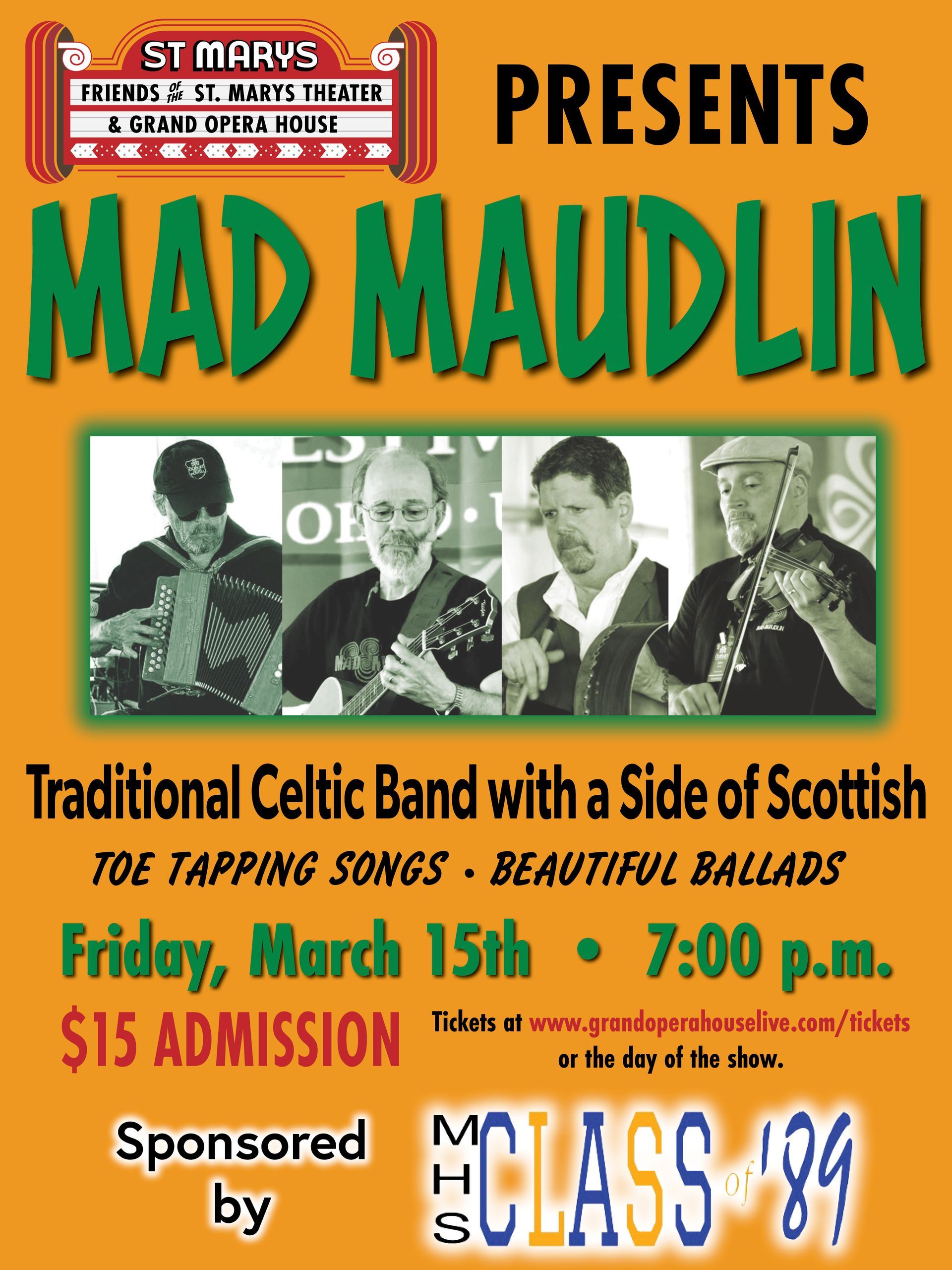A poster for mad maudlin traditional celtic band with a side of scottish toe tapping songs beautiful ballads