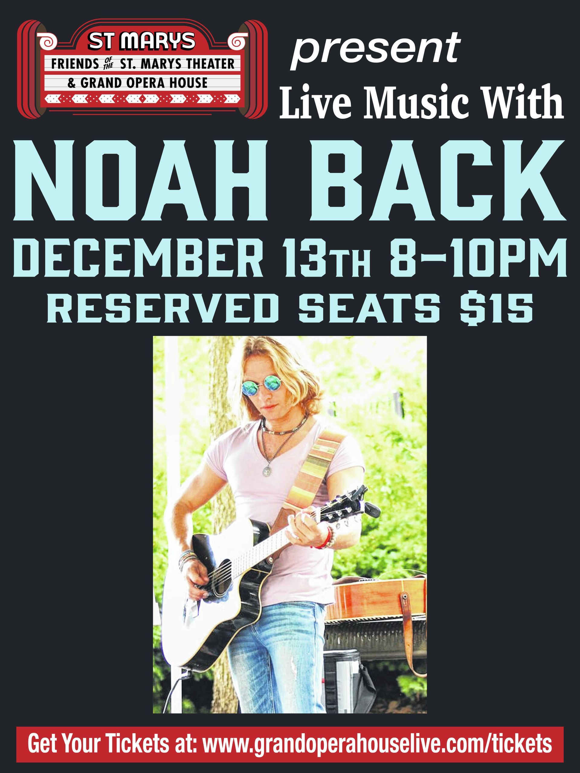 A poster for live music with noah back on december 13th