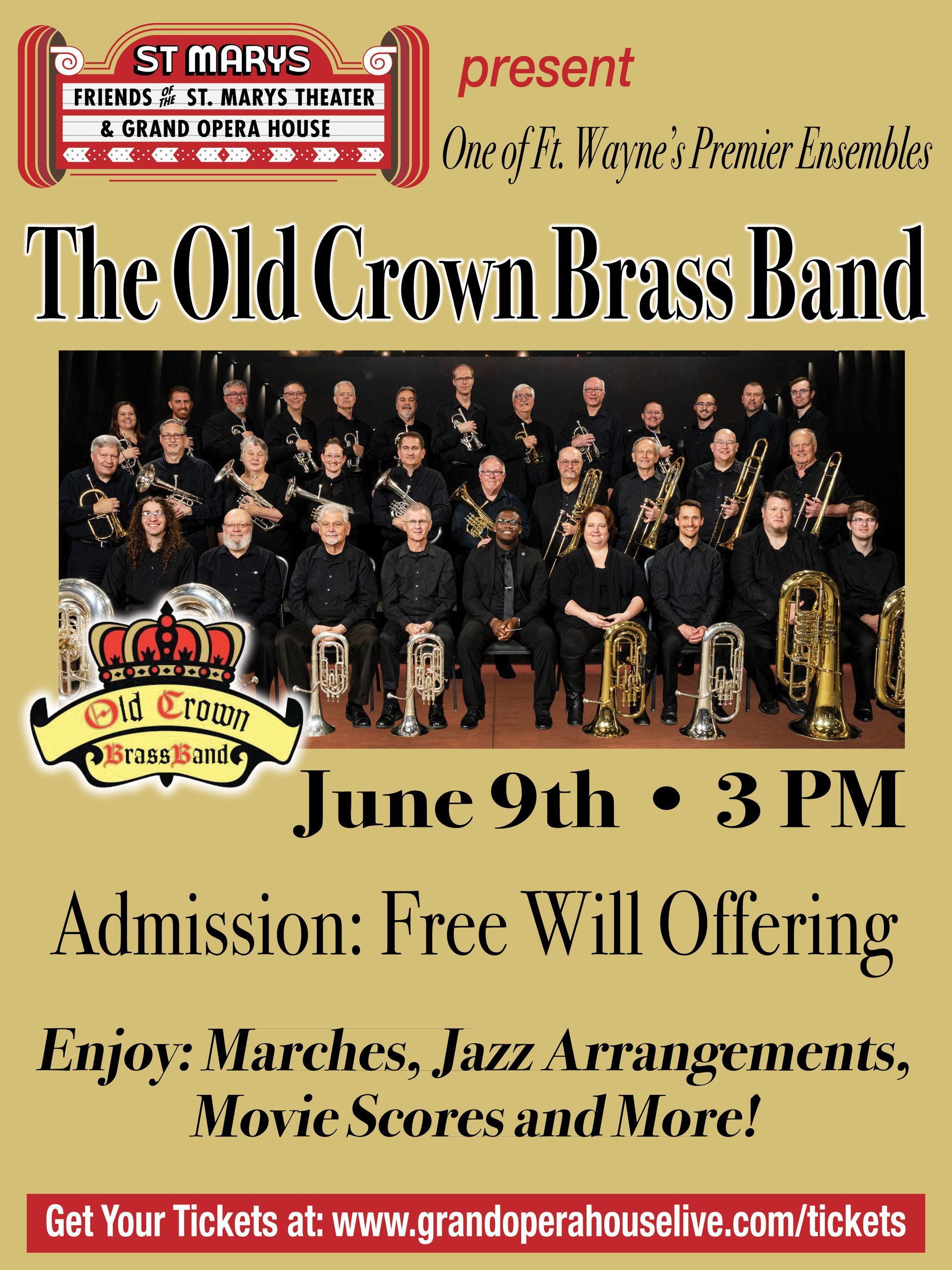 An advertisement for the old crown brass band