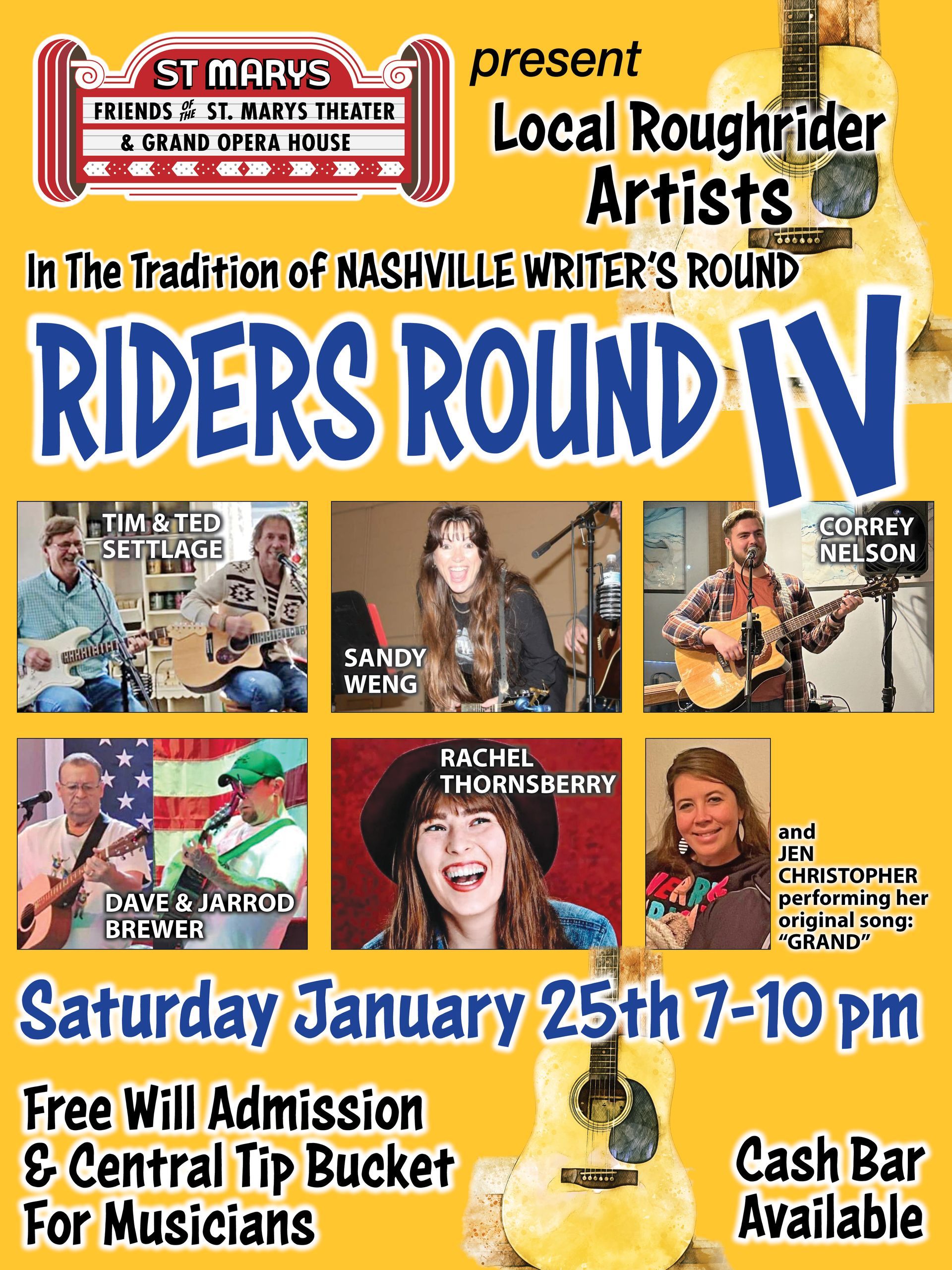 A poster for riders round iv featuring local roughrider artists