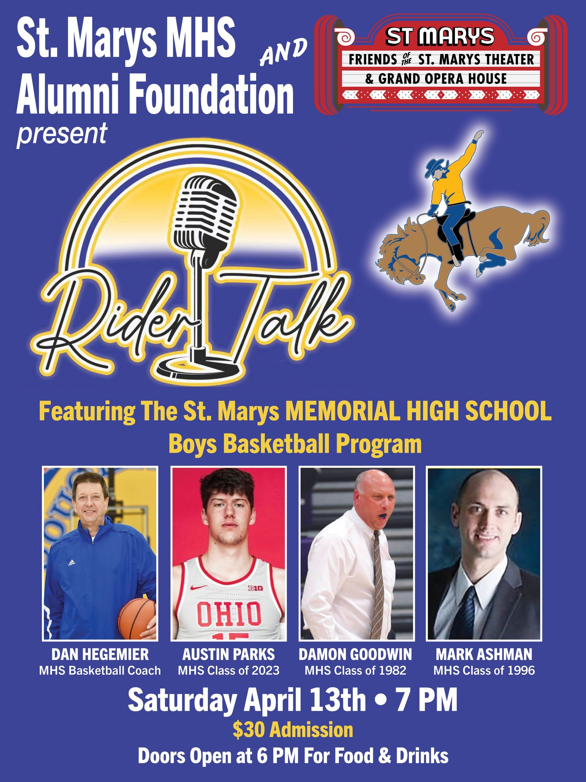A poster for st. marys mhs alumni foundation featuring the st. marys memorial high school boys basketball program