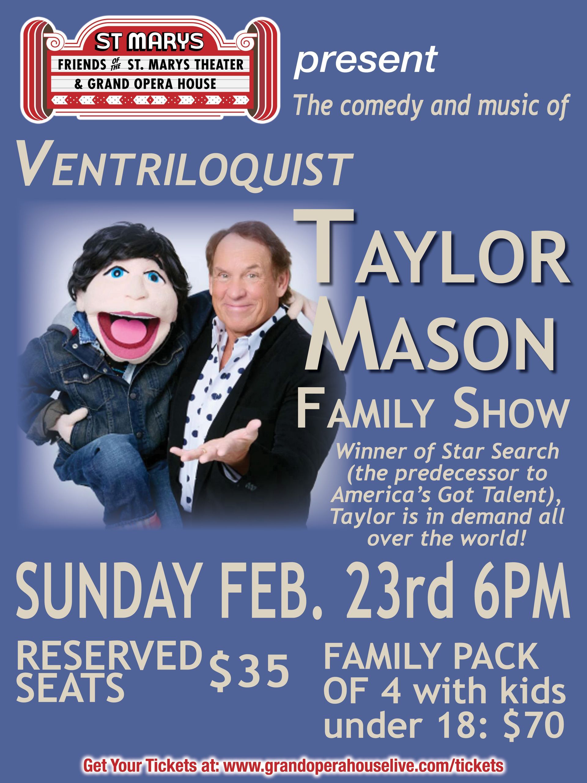 A poster for ventriloquist taylor mason family show