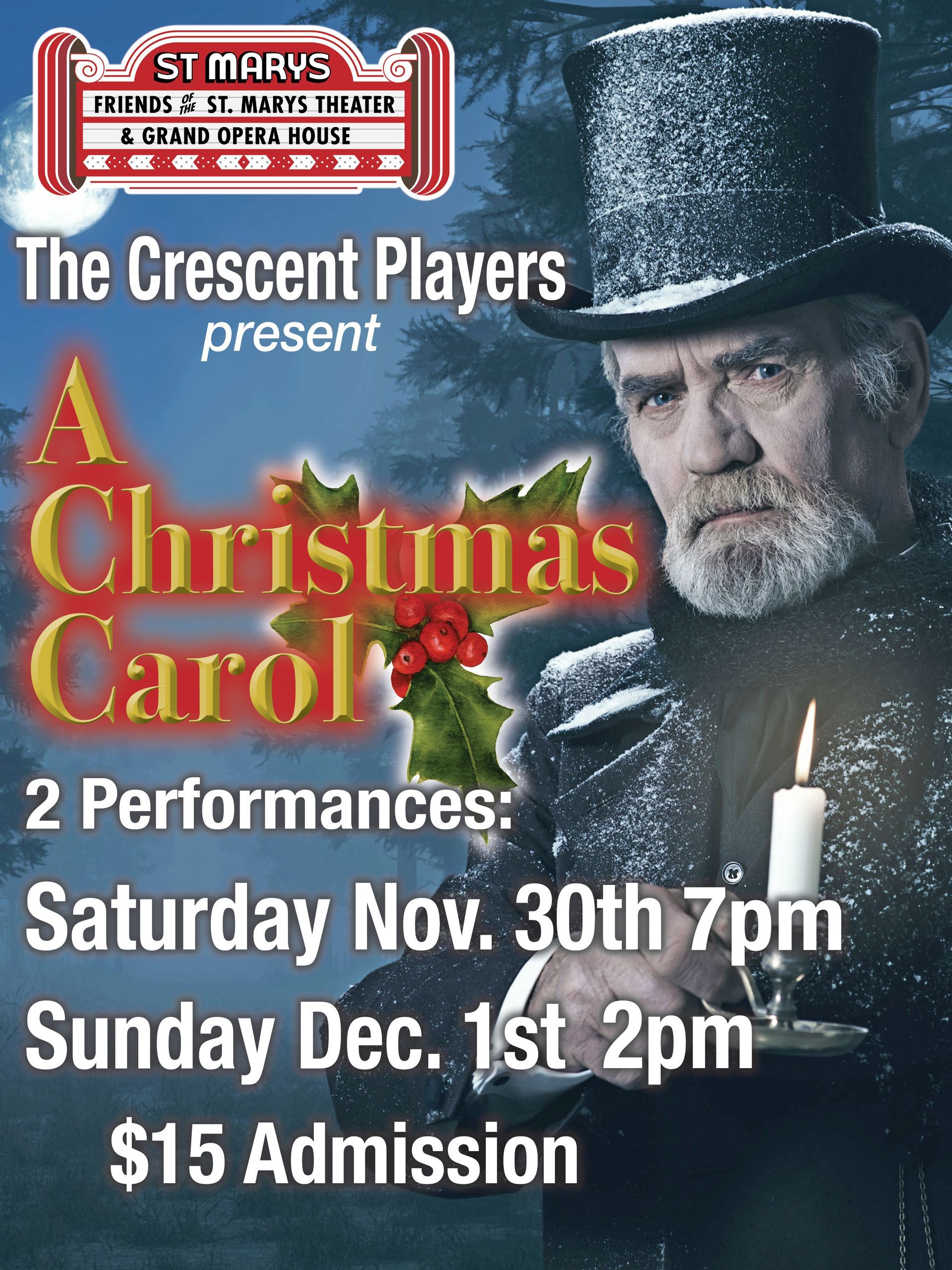 A poster for the crescent players presents a christmas carol