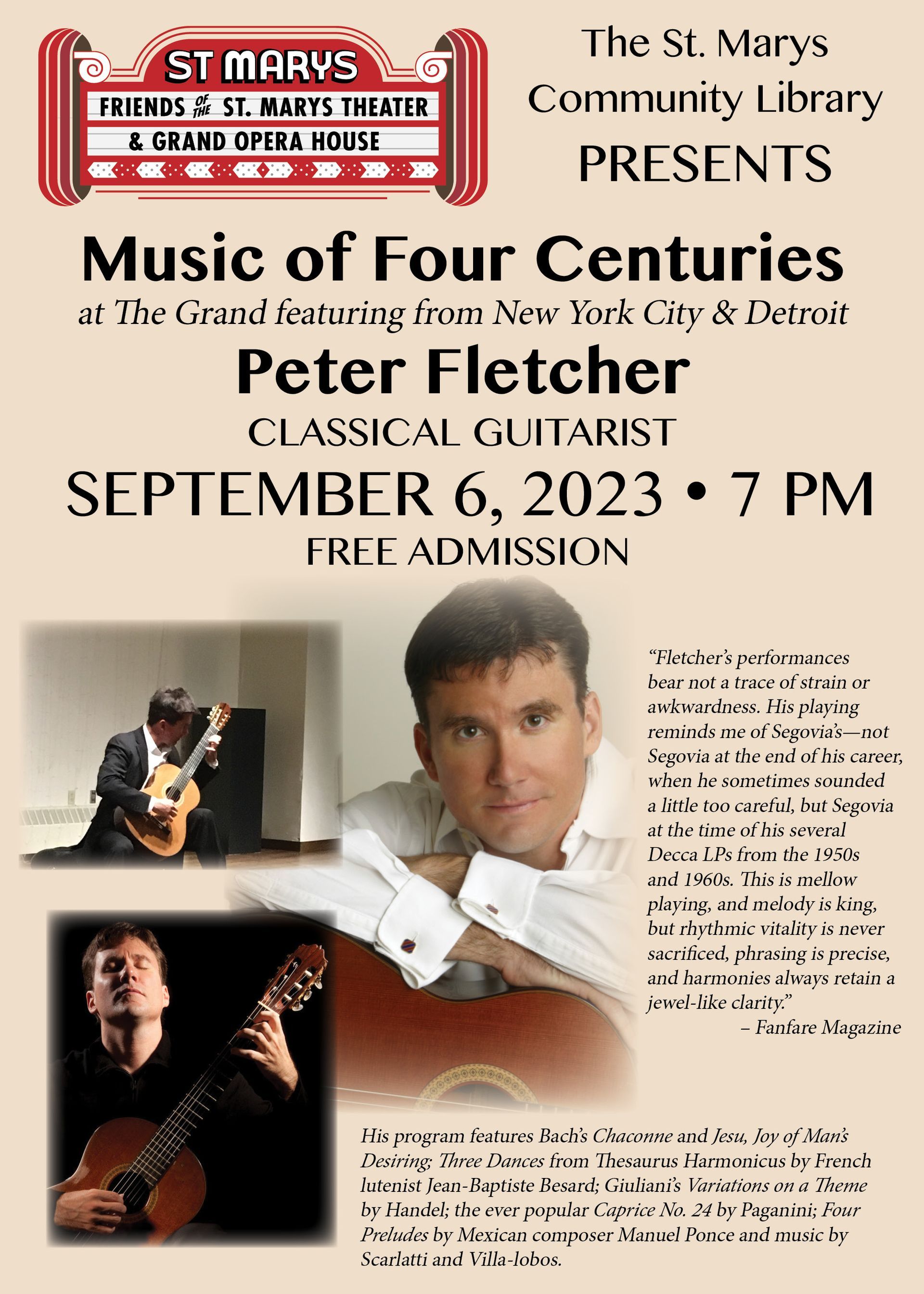 A poster for music of four centuries featuring peter fletcher