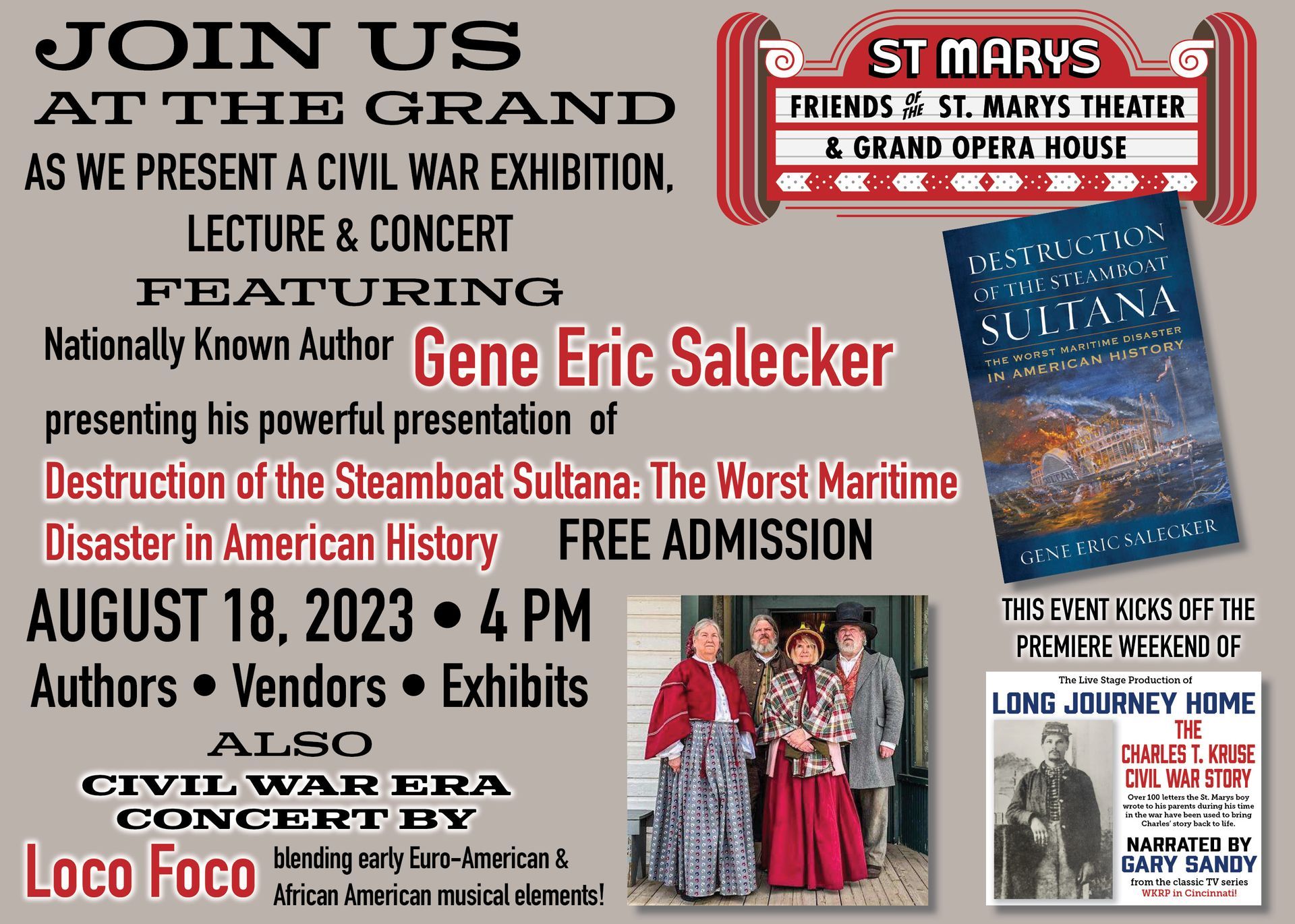 An advertisement for a lecture and concert featuring gene eric salecker
