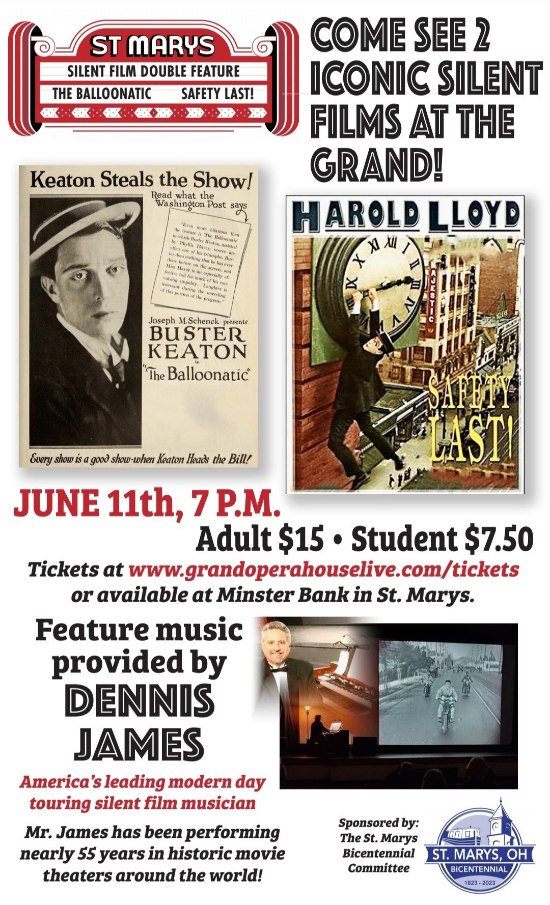 A poster for a movie called come see 2 iconic silent films at the grand