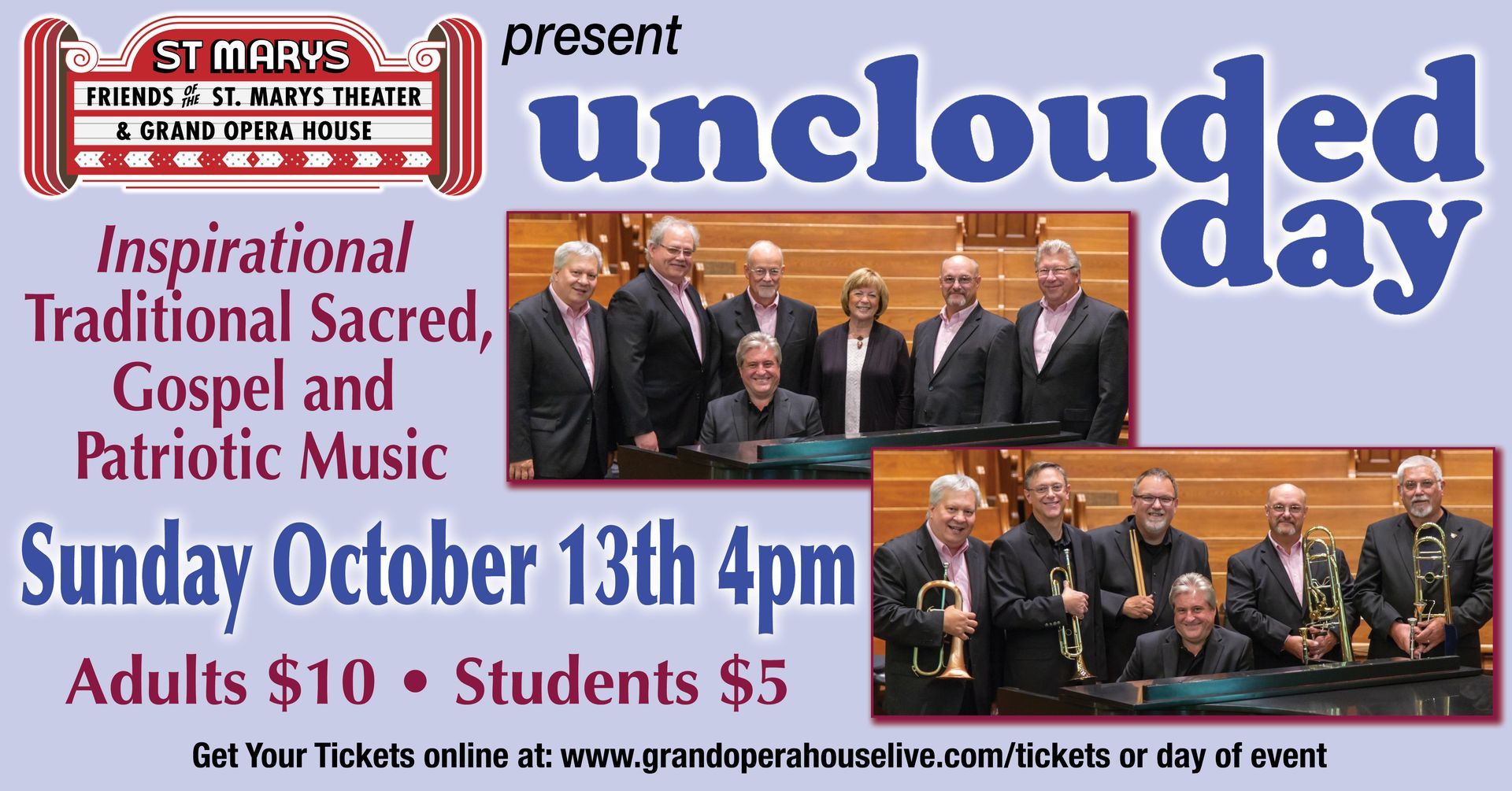 An advertisement for unclouded day on sunday october 13th