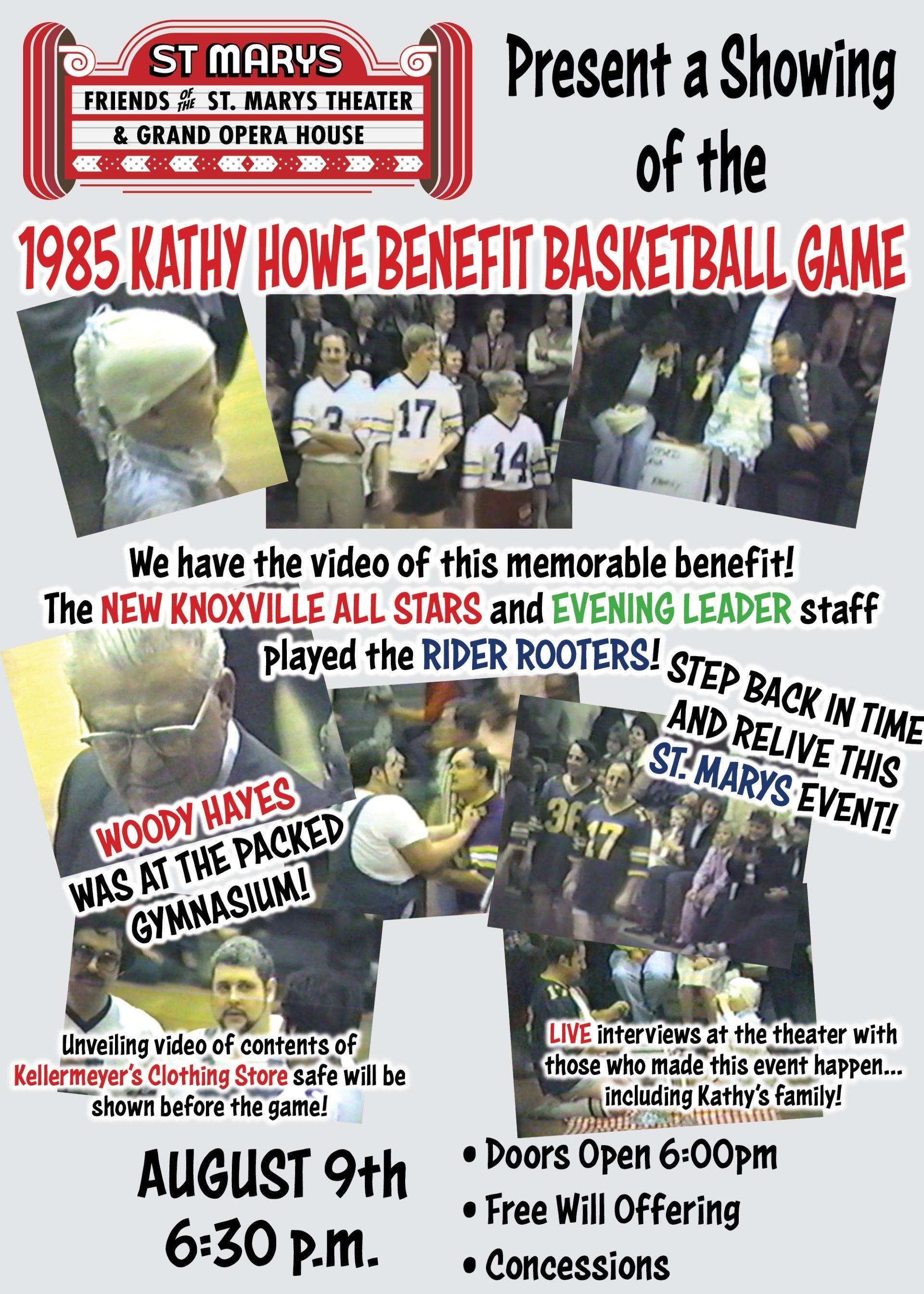 A poster for a showing of the 1985 kathy howe benefit basketball game