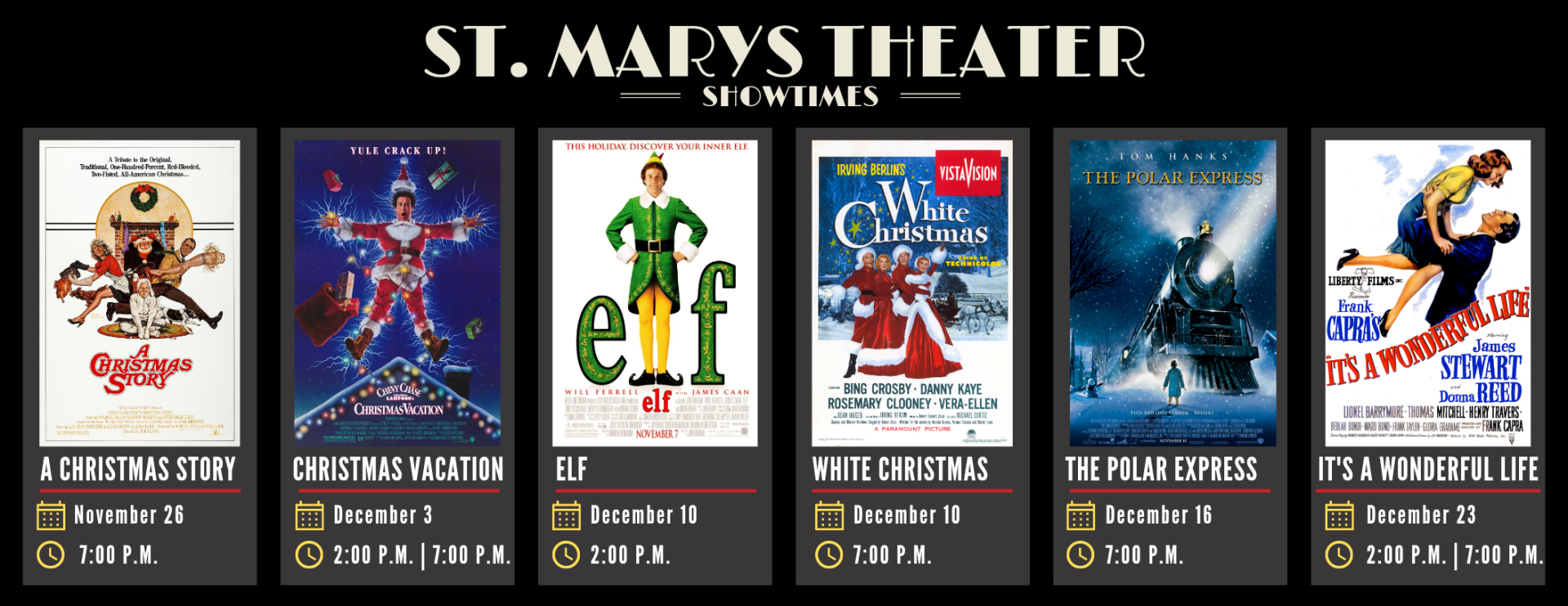 A row of movie posters for st. mary 's theater