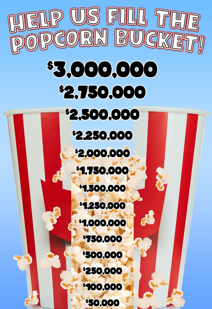 A poster that says help us fill the popcorn bucket