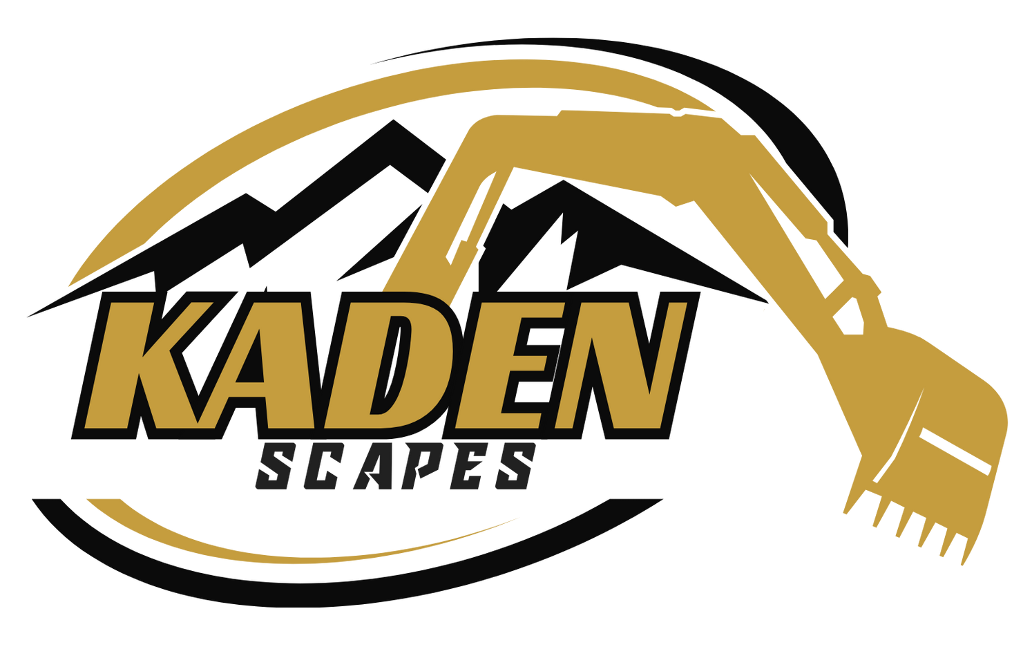 Kaden Scapes logo with excavator arm over mountains and company name. Gold and black.