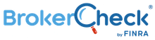 BrokerCheck logo with a magnifying glass icon, blue and red colors. Includes 