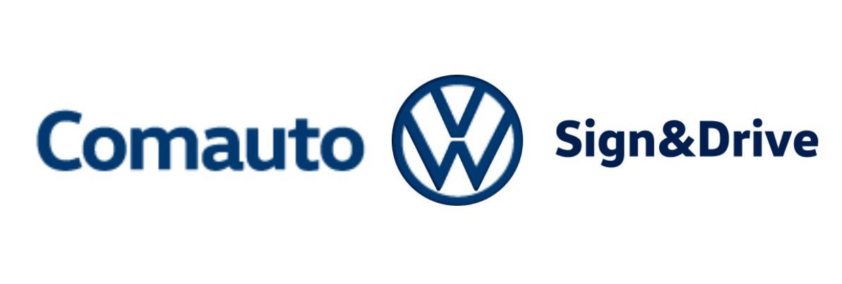 Logotipo Comauto Volkswagen Sign&Drive. Texto azul sobre fundo branco.