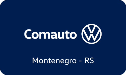 Logotipo da Comauto Volkswagen com o texto "Montenegro - RS" sobre fundo azul-marinho.