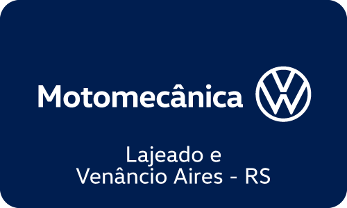 Motomecânica Volkswagen logo with text "Lajeado e Venâncio Aires - RS" on a dark blue background.