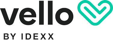 The Vello logo: black text with a teal heart icon. Text reads, 
