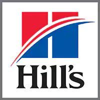 Hill's pet food logo: red and blue square blocks, white curved lines, black text.