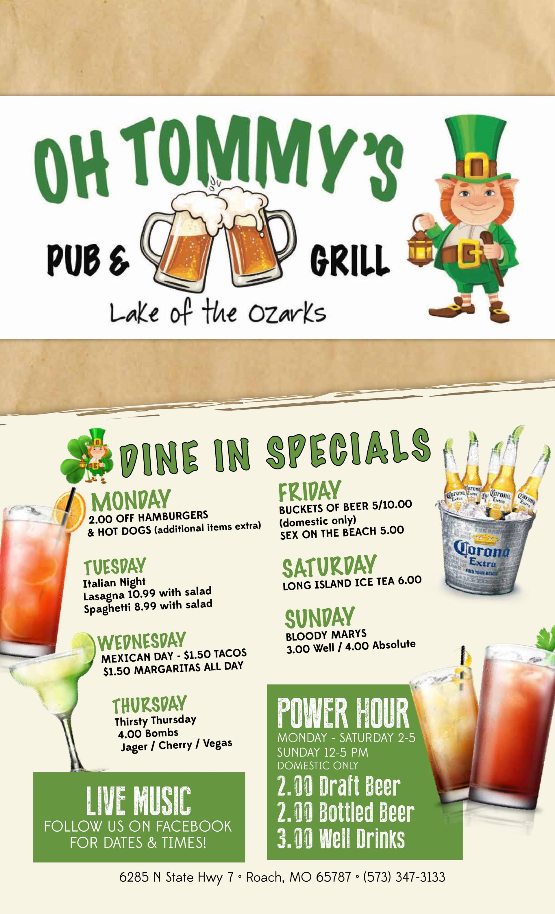 Lunch and dinner menu in Roach, MO Oh Tommy's Pub & Grill