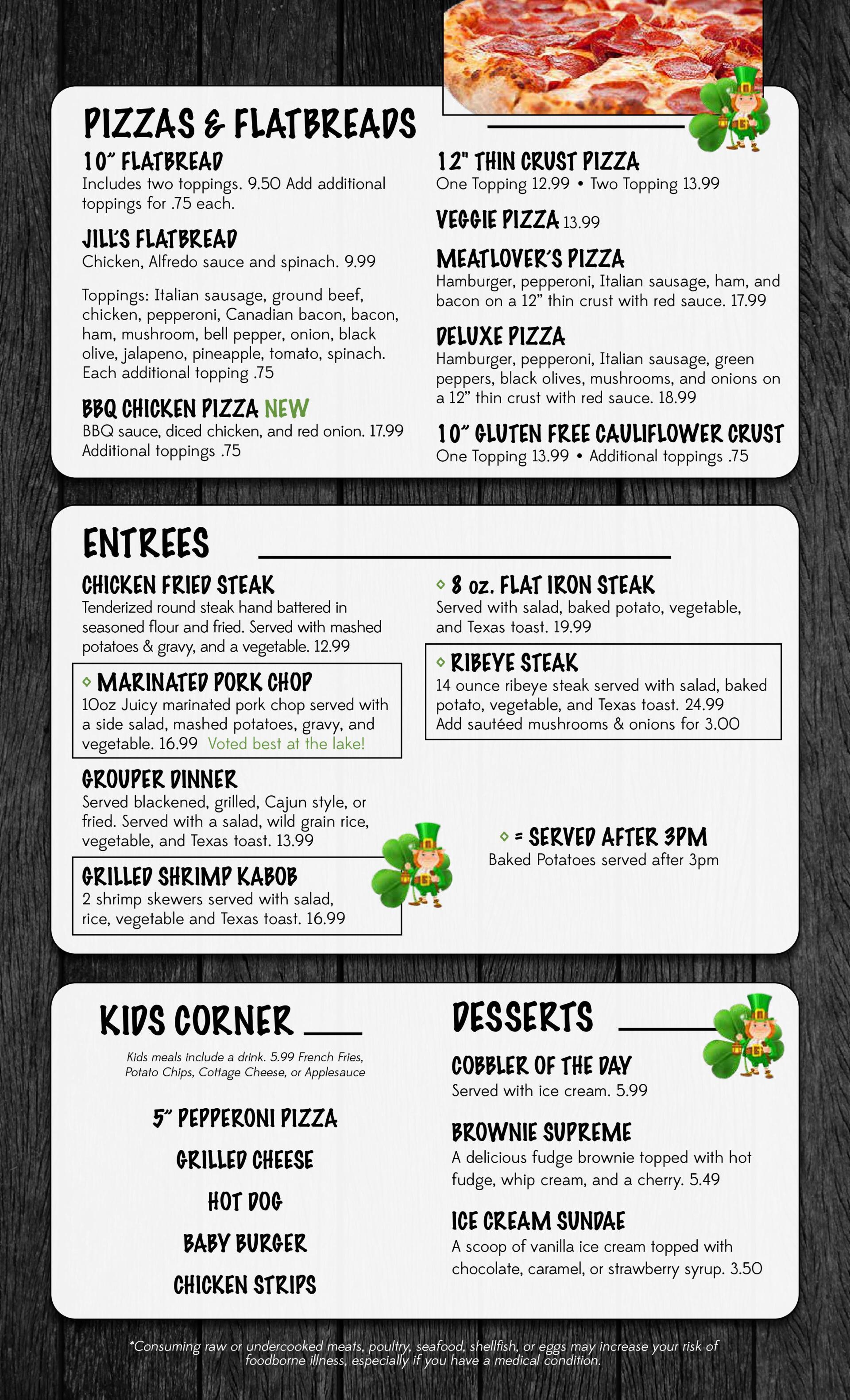 Lunch and dinner menu in Roach, MO Oh Tommy's Pub & Grill