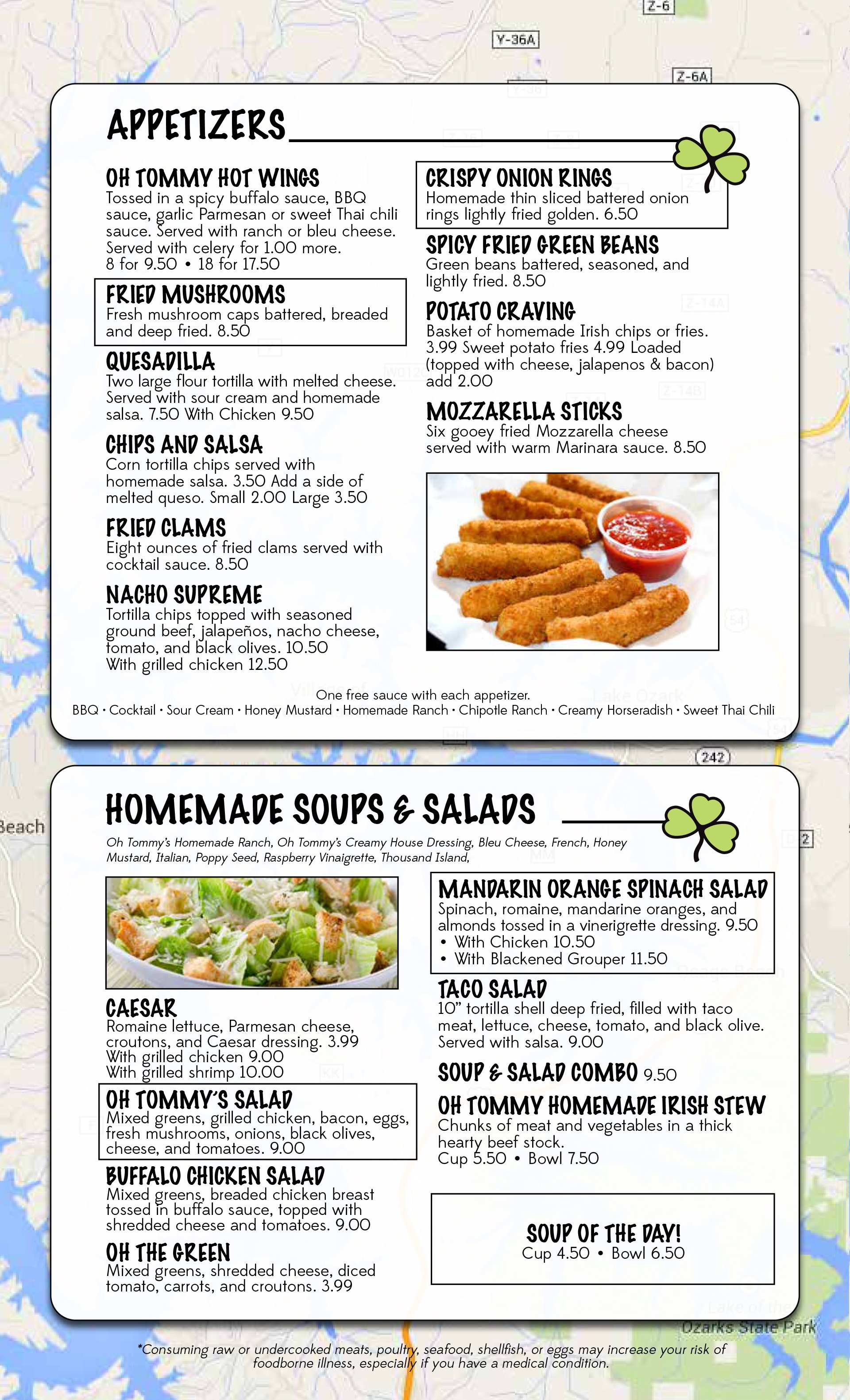 Lunch and dinner menu in Roach, MO Oh Tommy's Pub & Grill