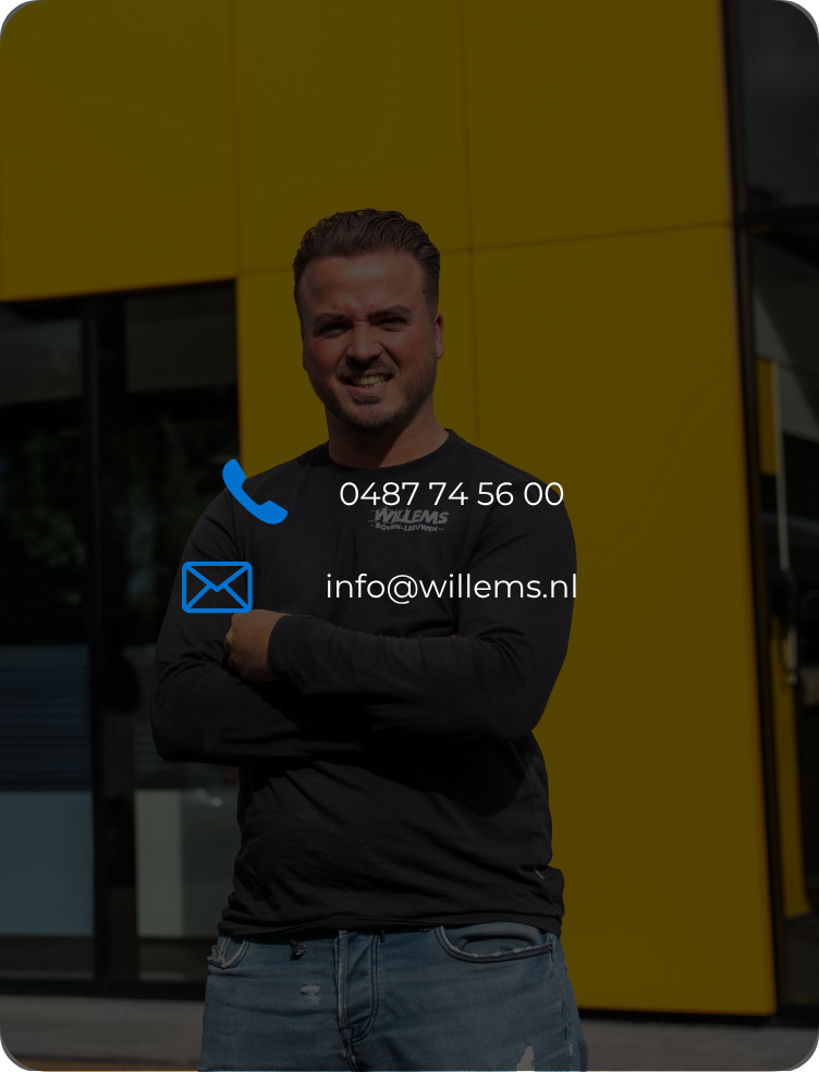 Een professional poseert in een workshop. Contactgegevens: telefoon 0487 74 58 00 en e-mail info@willems.nl.