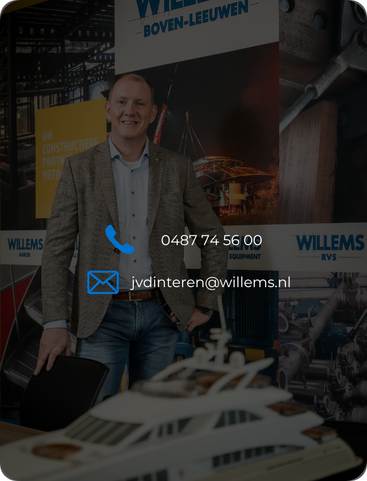 Een persoon in een blazer met patroon staat voor een bord van Willems Boven-Leeuwen, met daarop contactpictogrammen voor telefoon en e-mail.