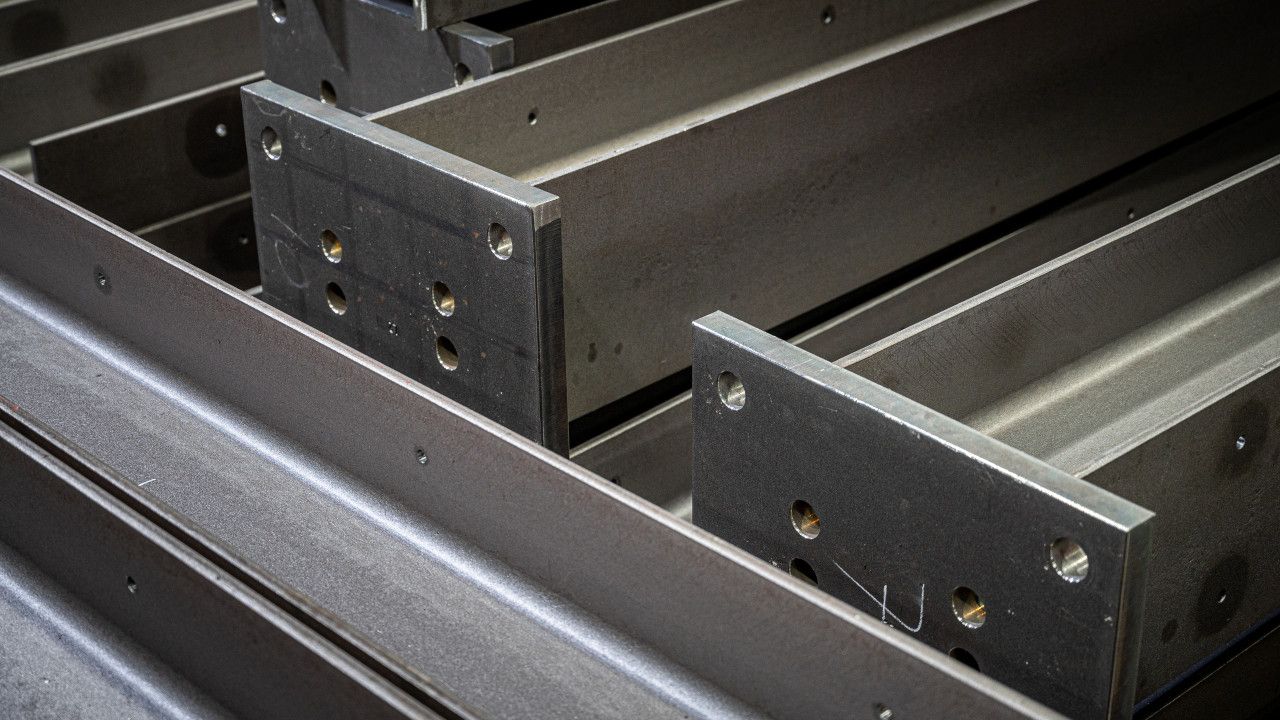 Een close-up van een metalen structuur met gaten erin. Door Willems Boven-Leeuwen.