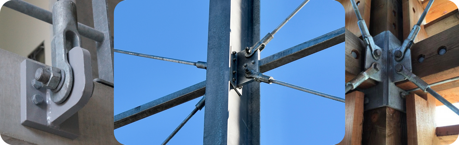 Een collage van drie afbeeldingen van een metalen structuur met een blauwe lucht op de achtergrond.

